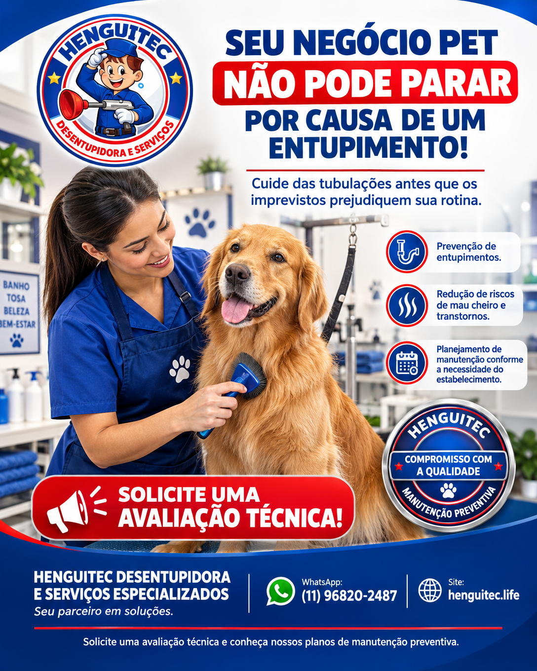 Arte da Henguitec Desentupidora sobre manutenção preventiva de tubulações para pet shop, com profissional dando banho e tosa em golden retriever no salão