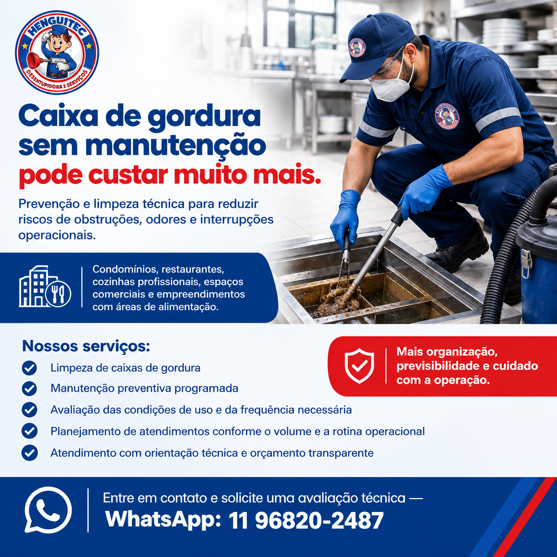 Arte da Henguitec Desentupidora sobre limpeza e manutenção de caixa de gordura em cozinha profissional de condomínio, com técnico uniformizado e equipamentos de proteção