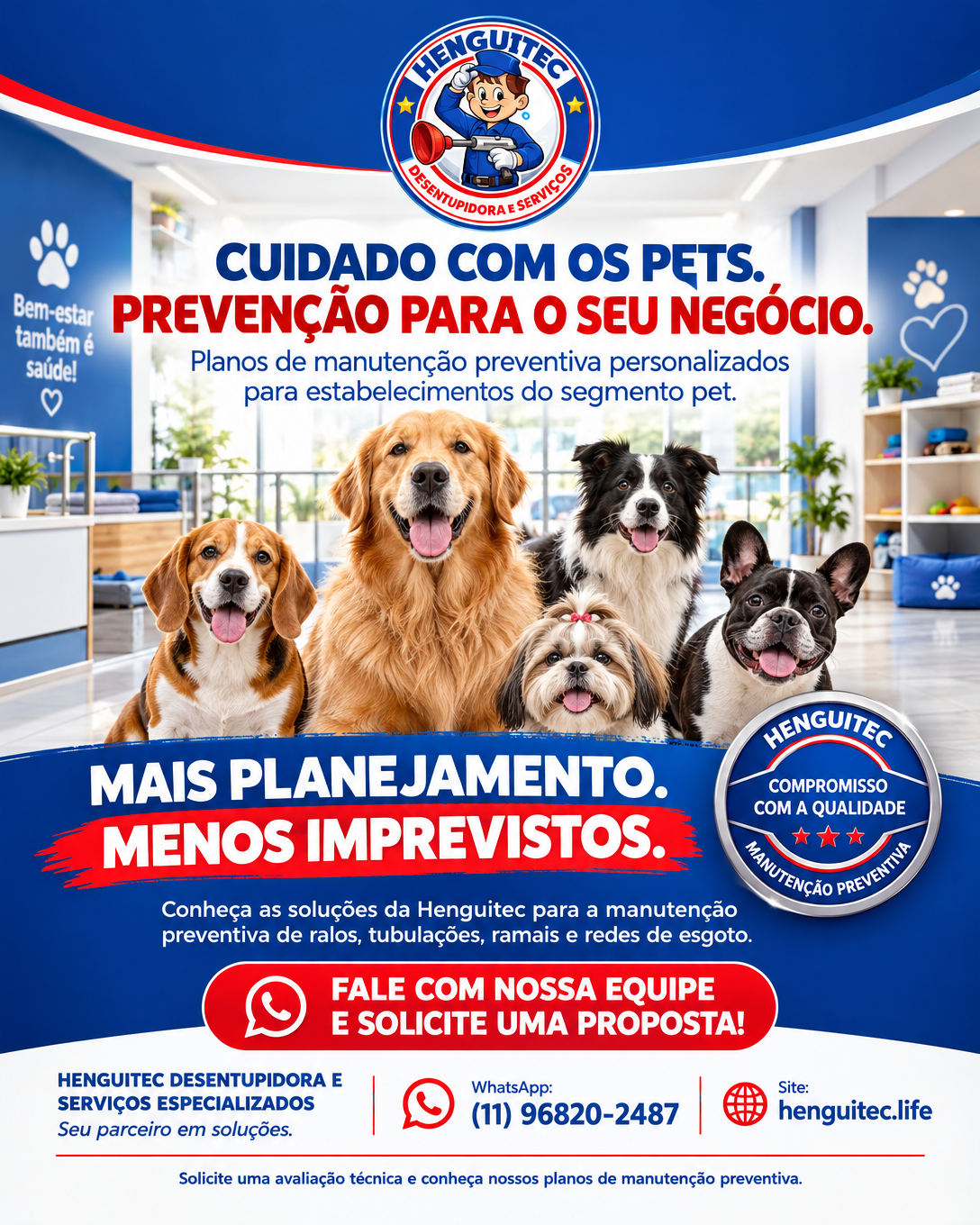 Arte da Henguitec Desentupidora apresentando plano de manutenção preventiva para pet shop, com grupo de cães sentados em ambiente de banho e tosa