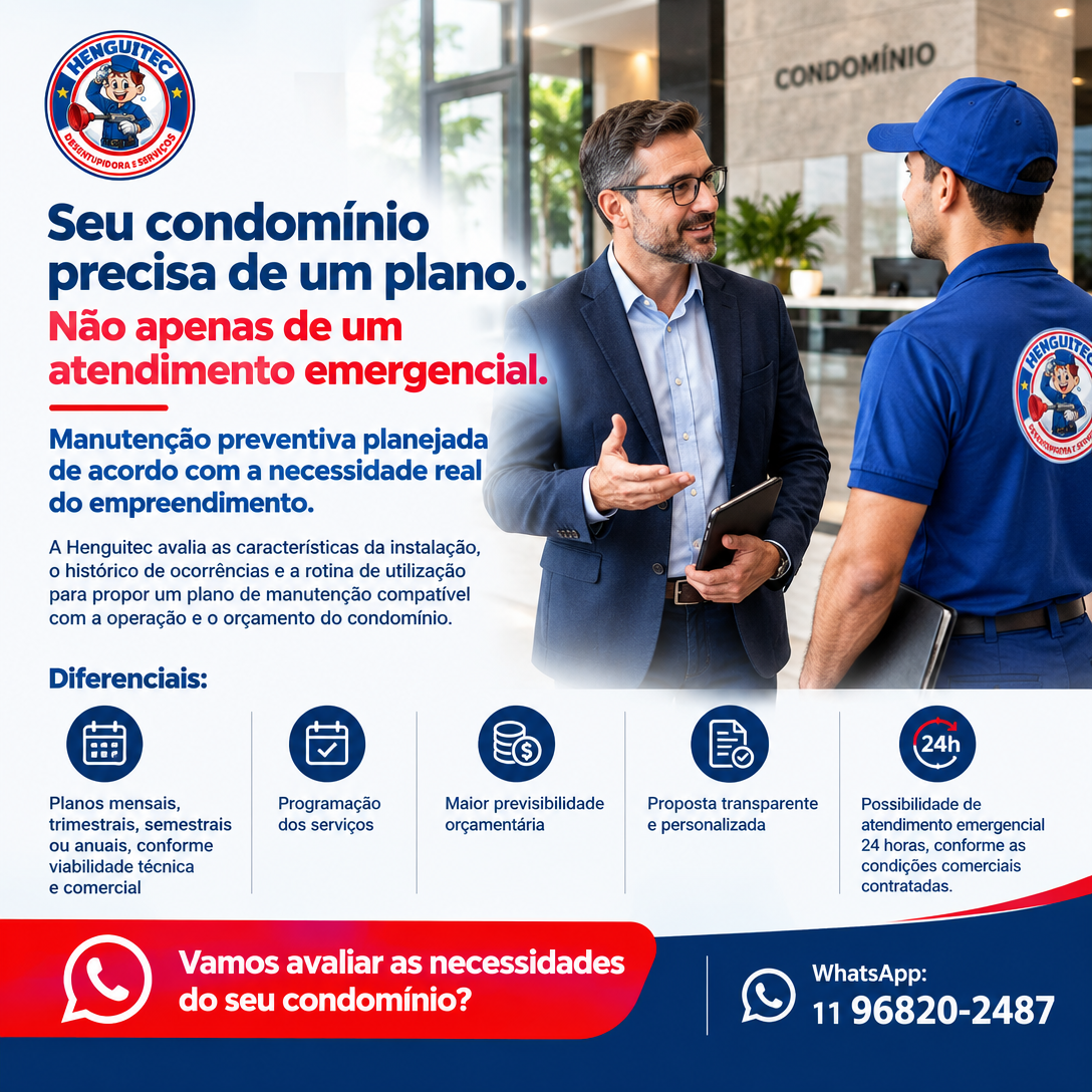 Arte da Henguitec Desentupidora apresentando plano de manutenção preventiva para condomínios, com técnico e síndico em conversa na portaria do prédio