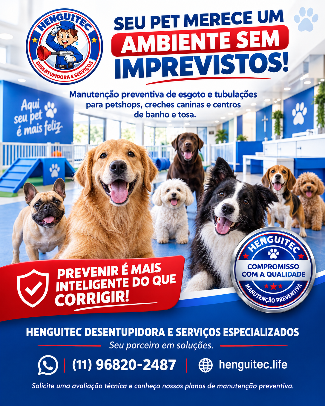 Arte da Henguitec Desentupidora sobre manutenção preventiva de esgoto para hotel pet e creche canina, com grupo de cães em parque interno de recreação