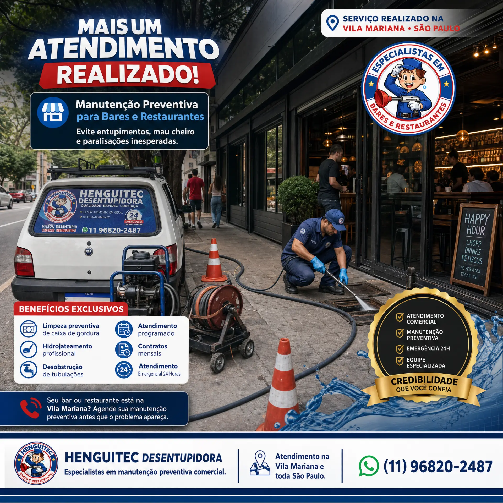 Atendimento de manutenção preventiva da Henguitec em bar e restaurante na Vila Mariana, São Paulo