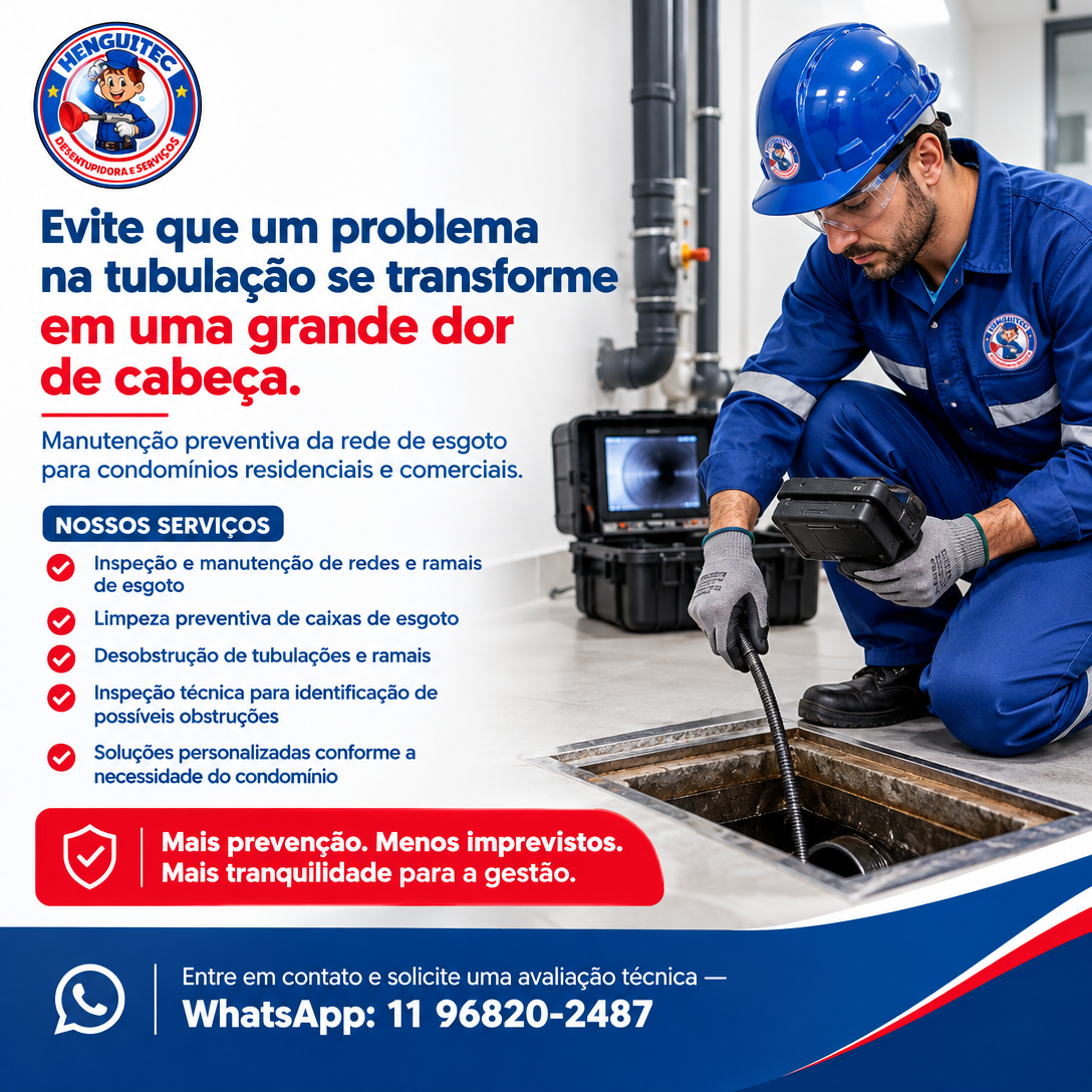 Arte da Henguitec Desentupidora sobre manutenção preventiva da rede de esgoto para condomínios residenciais e comerciais, com técnico realizando vídeo inspeção em poço de inspeção