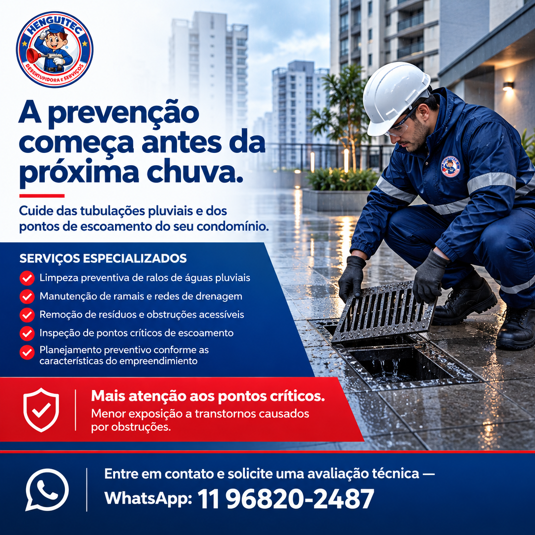 Arte da Henguitec Desentupidora sobre prevenção em águas pluviais de condomínio, com técnico inspecionando ralo de água da chuva em área externa molhada