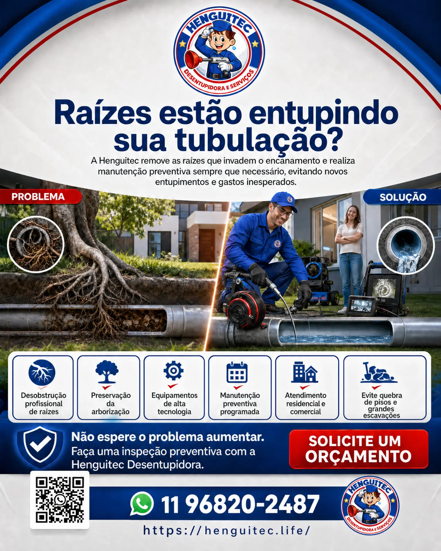 Técnico da Henguitec removendo raízes da tubulação com equipamento rotativo e vídeo inspeção